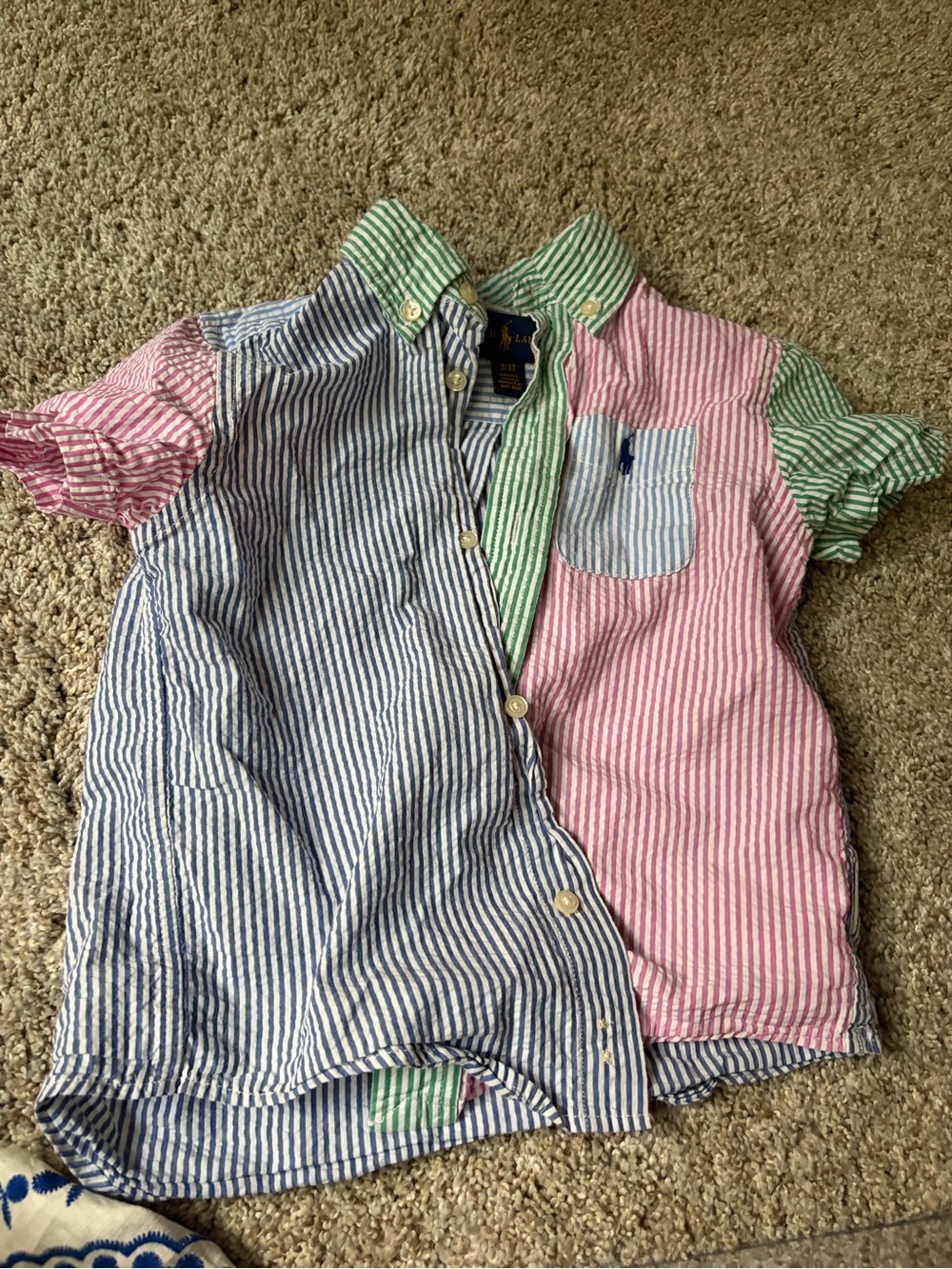 Ralph Lauren Boys' Multi-Stripe Seersucker Button-Down Shirt - Pink/Blue 3T